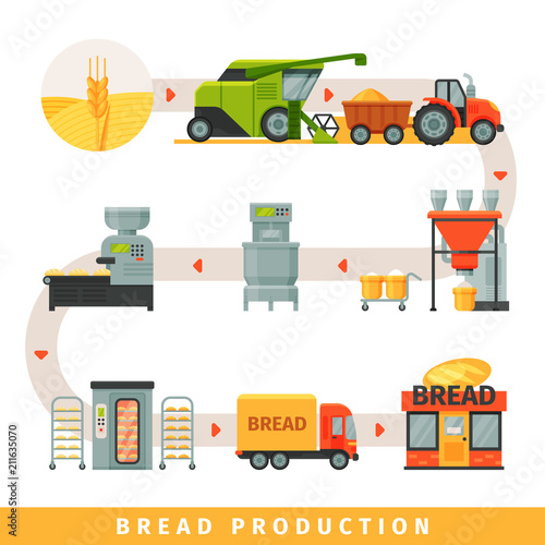 Stages of production of bread, growing cereals, harvesting, bakery equipment, delivery to shop vector Illustration on a white background