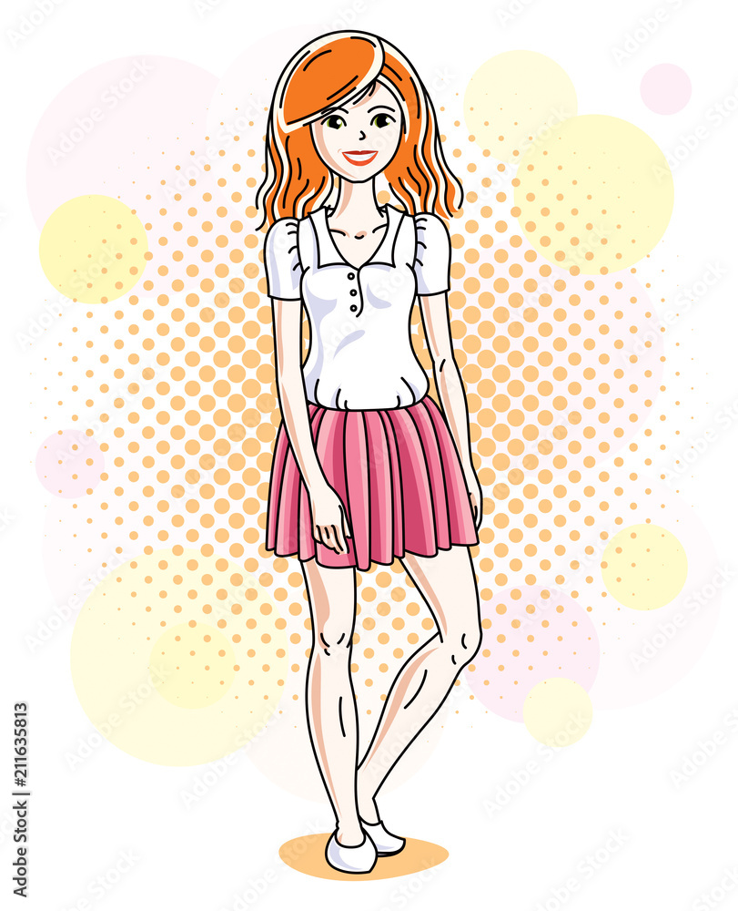 Attractive redhead woman posing on colorful backdrop with bubbles and circles and wearing casual clothes. Vector nice lady illustration. Attractive redhead woman posing on colorful backdrop with bubbles and circles and wearing casual clothes. Vector nice lady illustration.