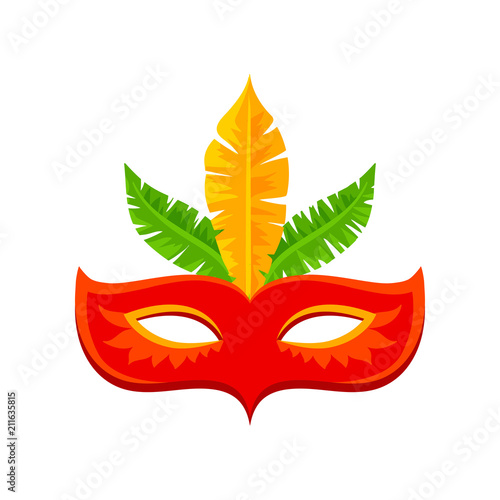 Red carnival mask with feathers, celebration party symbol vector Illustration on a white background