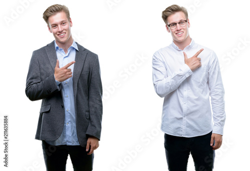 Young handsome blond business man wearing different outfits cheerful with a smile of face pointing with hand and finger up to the side with happy and natural expression on face looking at the camera.