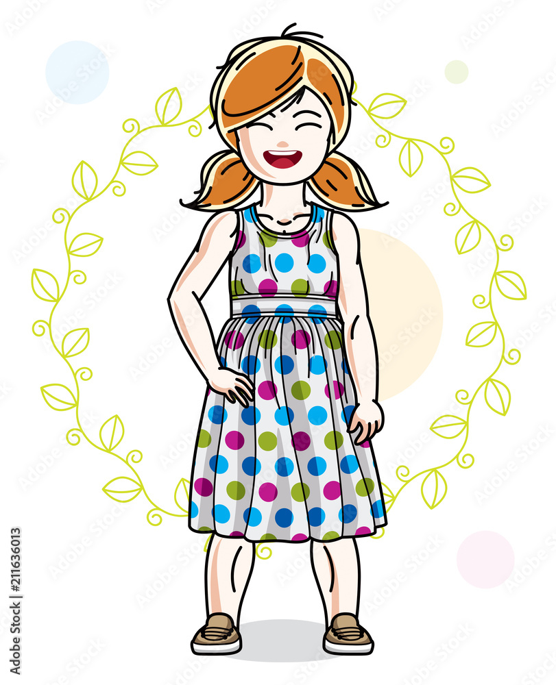 Little red-haired cute girl standing on spring eco background with leaves. Illustration of vector attractive kid wearing casual clothes. Little red-haired cute girl standing on spring eco background with leaves. Illustration of vector attractive kid wearing casual clothes.