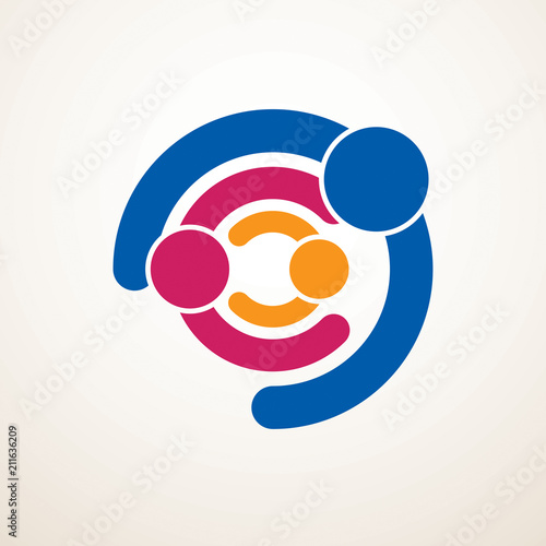 Happy family vector logo or icon created with simple geometric shapes. Tender and protective relationship of father, mother and child. Together as one system relations.