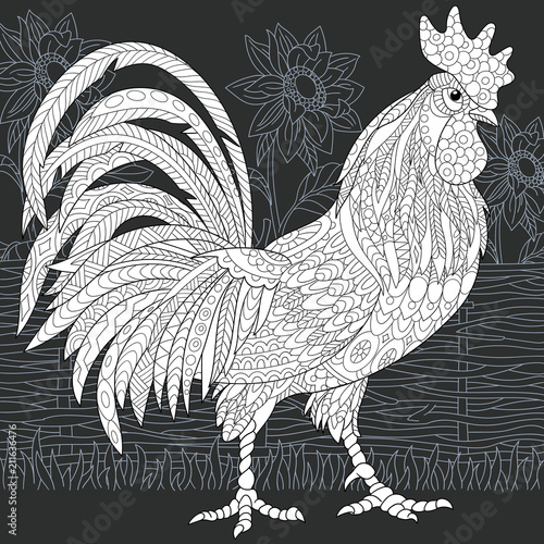 Rooster in black and white line art style. Coloring page.