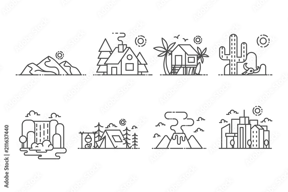 Landscape set of vector icons outline style
