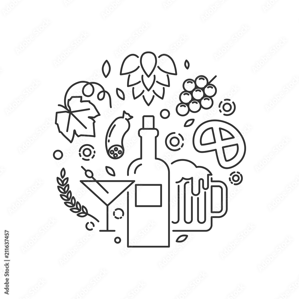 Alcohol drinks and snacks illustration outline style