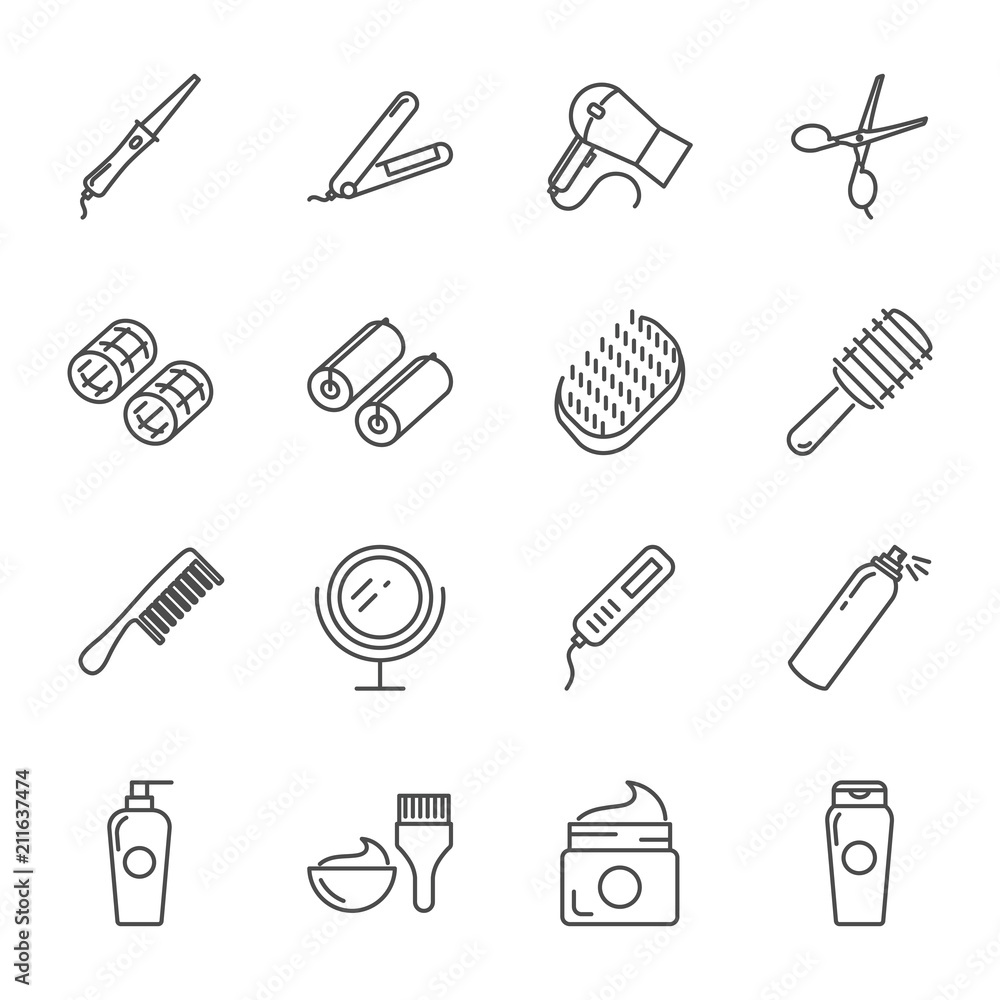 Hair care and tools vector icons set outline style Hair care and tools vector icons set outline style