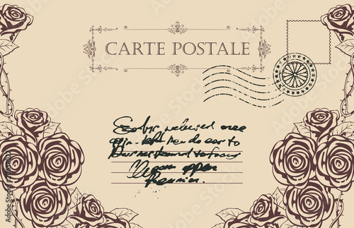 Retro postcard with roses and handwriting inscription. Romantic vector card in vintage style with place for text on beige background with rubber stamp