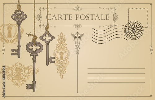 Retro vector postcard with old keys and keyholes, with place for text on beige background in vintage style with rubber stamp