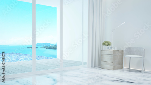 Living room and Swimming pool sea view in hotel or home - Vacation time in living room and swimming pool beautiful view - 3D Rendering