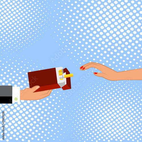 Woman hand taking cigarette. Comic book cartoon style, Vector illustration,