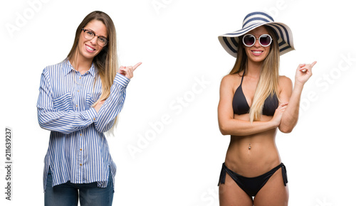 Young beautiful blonde woman wearing business and bikini outfits with a big smile on face  pointing with hand and finger to the side looking at the camera.