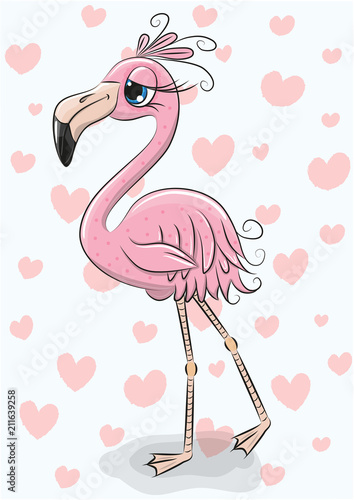 Cartoon flamingo on a hearts background