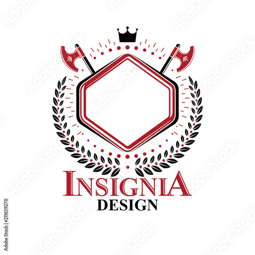 Graphic insignia made with imperial Crown, sharp axes and laurel wreath. Heraldic Coat of Arms, vintage vector logo.
