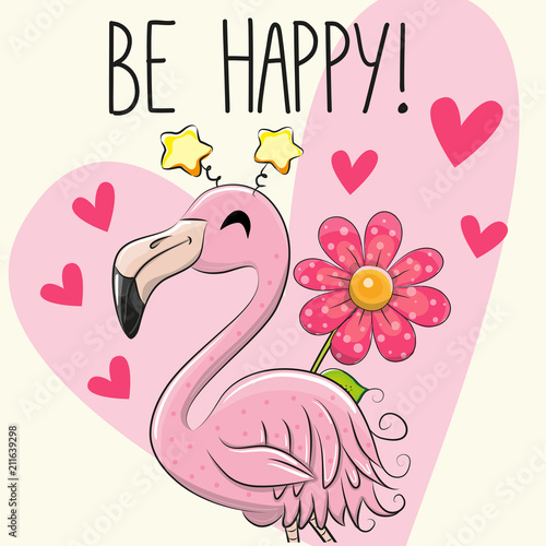Naklejka Bądź szczęśliwy Kartkę z życzeniami z Cartoon Flamingo