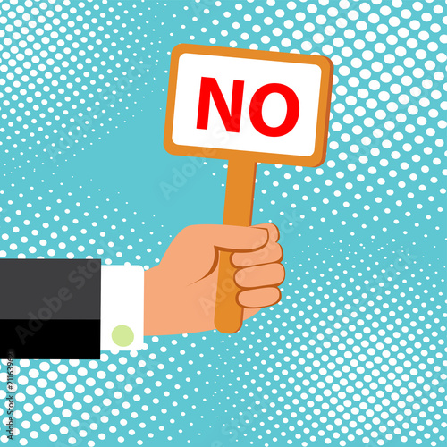 Cartoon vector illustration of  hand holding plate with word NO!