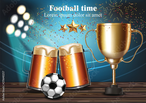 Beer mugs and Football cup on the stadium Vector. Winner champion concepts
