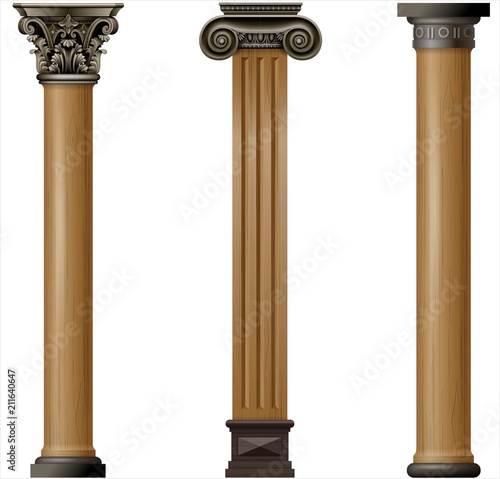 Set vintage classic wood carved architectural columns with ornament for interior or facade. Joinery elements or balusters. Vector graphics