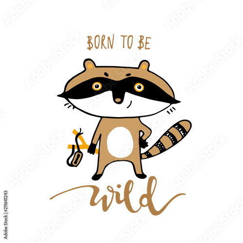 Cute cartoon raccoon. Print for cards  t shirt vector illustration