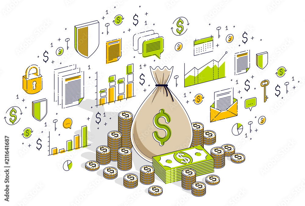 Money bag with cash money dollar stacks and coins piles isolated on white, personal savings concept. Isometric 3d vector finance illustration with icons, stats charts and design elements.