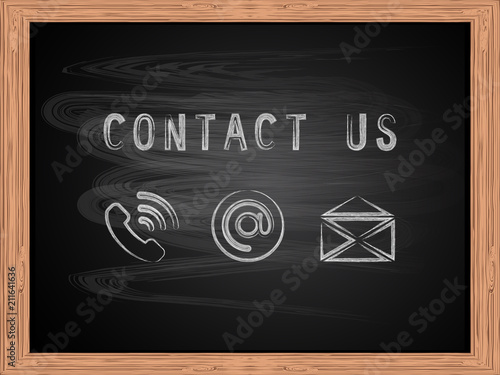 White chalk text contact us on school blackboard flat design vector illustration.