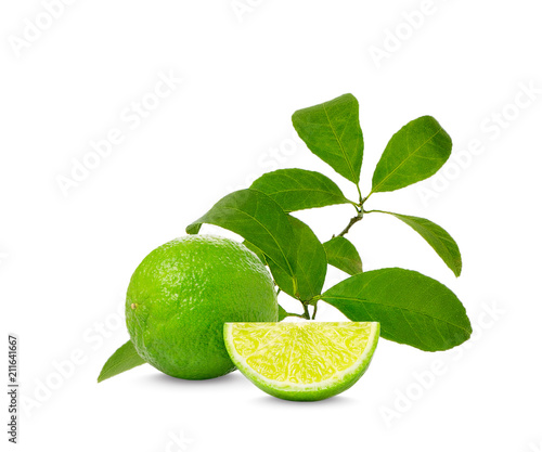 lemon with green leafs on white background photo