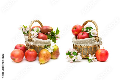 Fototapeta Naklejka Na Ścianę i Meble -  pears and apples in a basket closeup on a white background