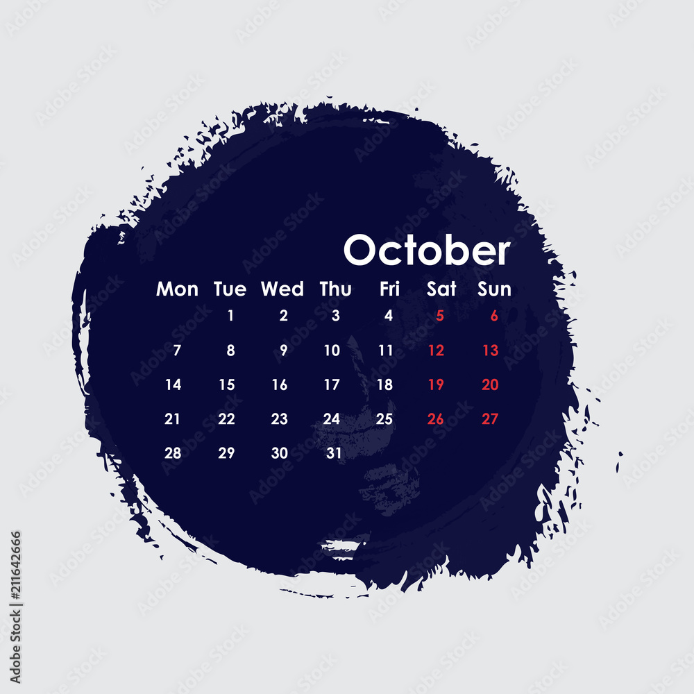 Fototapeta October 2019 Calendar Template.Starts from Monday.Vector illustration.