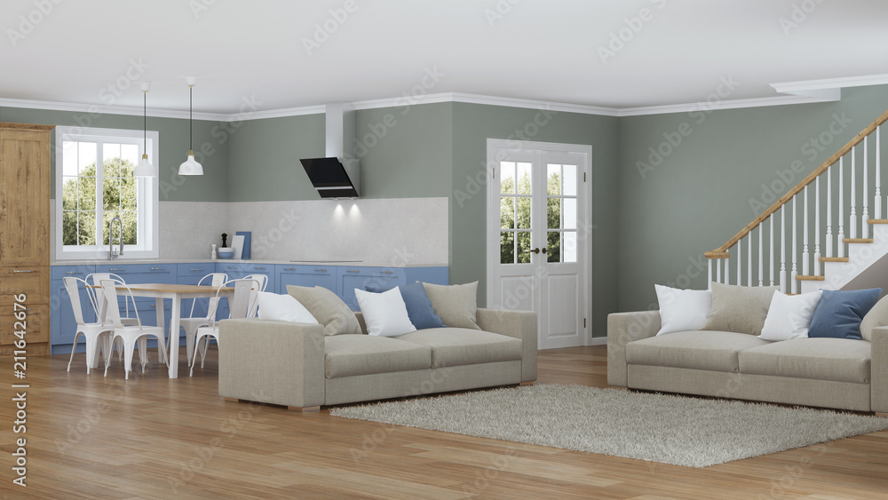 Fototapeta premium Modern house interior. Design project. 3D rendering.