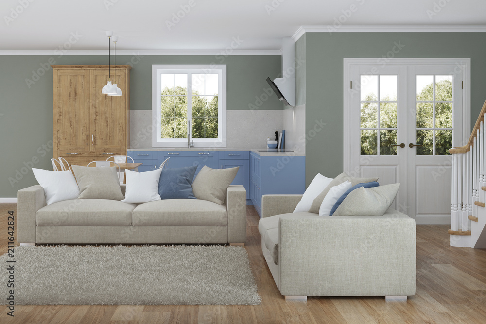 Modern house interior. Design project. 3D rendering. Modern house interior. Design project. 3D rendering.