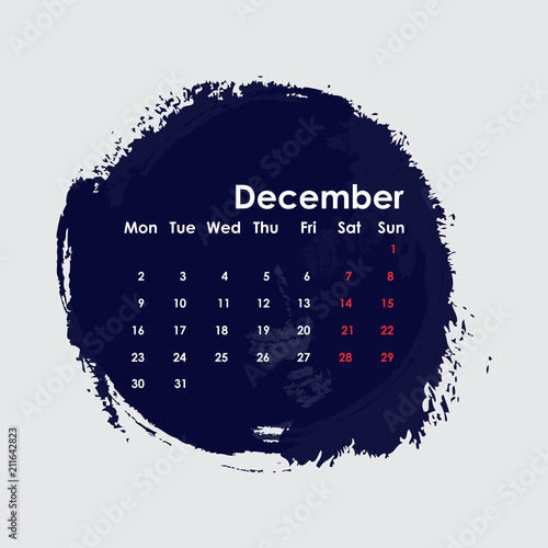 December 2019 Calendar Template.Starts from Monday.Vector illustration.