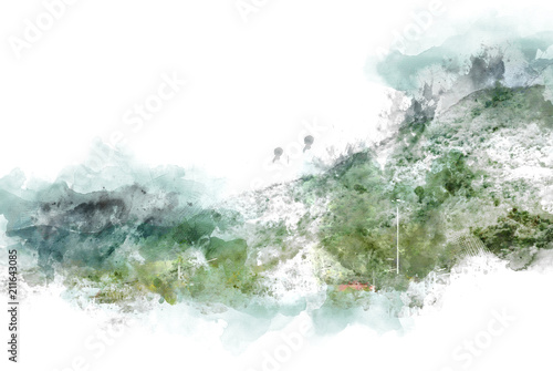 Abstract colorful mountain and field landscape on watercolor illustration painting background.