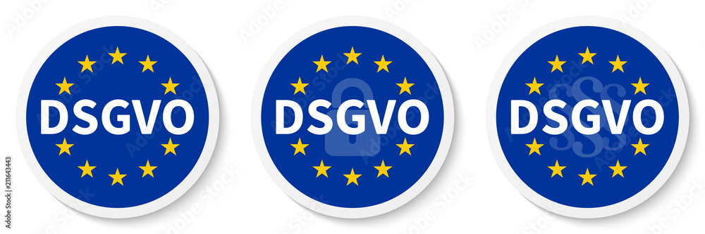 DSGVO Kreis Aufkleber Set mit EU-Flagge, Vorhängeschloss und Paragraphenzeichen. DSGVO Kreis Aufkleber Set mit EU-Flagge, Vorhängeschloss und Paragraphenzeichen.