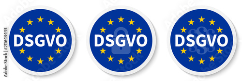 DSGVO Kreis Aufkleber Set mit EU-Flagge, Vorhängeschloss und Paragraphenzeichen.