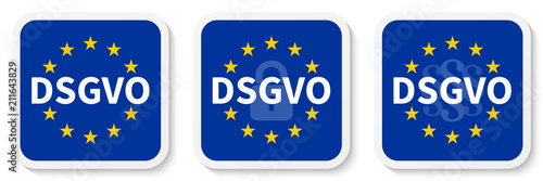 DSGVO Quadrat Aufkleber Set mit EU-Flagge, Vorhängeschloss und Paragraphenzeichen.