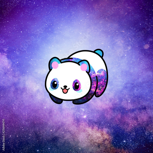 Kawaii illustration of a minimalist cute panda bear ruling the whole universe from space nebula. The whole picture is colored in tones pink, purple, lilac and blue.