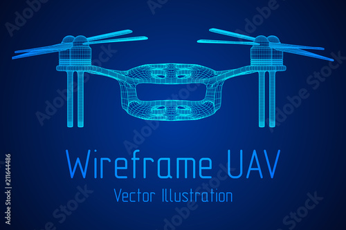 Remote control air drone. Dron flying with action video camera. Wireframe low poly mesh vector illustration