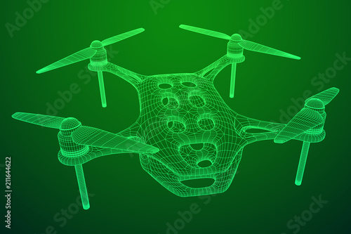 Remote control air drone. Dron flying with action video camera. Wireframe low poly mesh vector illustration