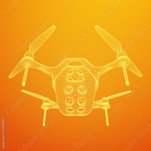 Remote control air drone. Dron flying with action video camera. Wireframe low poly mesh vector illustration