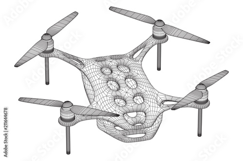 Remote control air drone. Dron flying with action video camera. Wireframe low poly mesh vector illustration