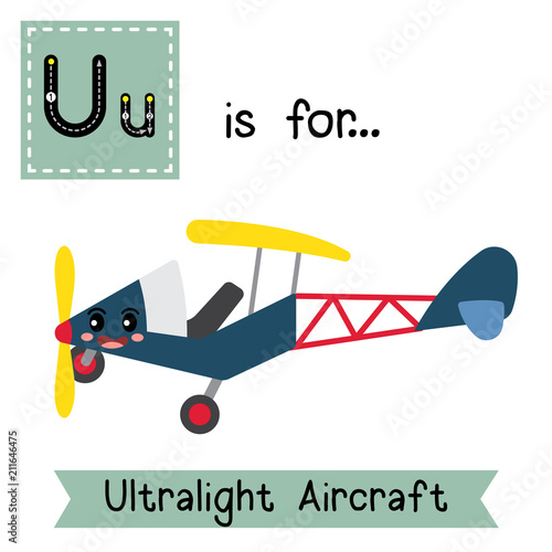 Letter U cute children colorful transportations ABC alphabet tracing flashcard of Ultralight Aircraft for kids learning English vocabulary Vector Illustration.