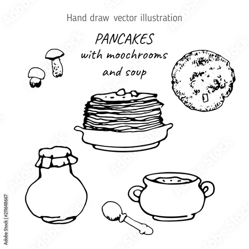 Pancakes with moochrooms and soup hand drawn