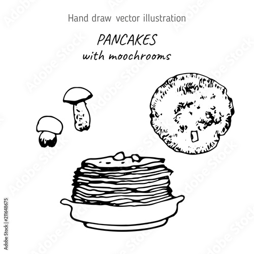Pancakes with moochrooms hand drawn
