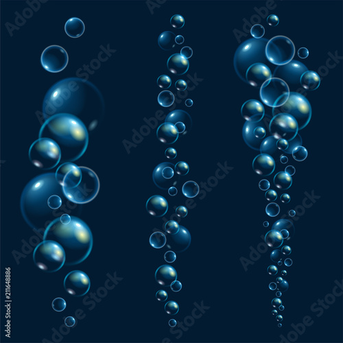 Underwater fizzing air bubbles stream on dark background. Fizzy sparkles in water, sea, aquarium. Effervescent drink. Undersea vector texture.