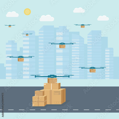 Logistics and delivery service concept:  helicopter with packages, drone delivering box and city background.