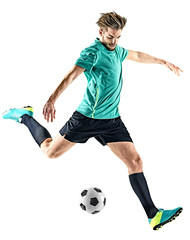 one caucasian soccer player man isolated on white background