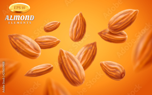 Almond vector set, detailed realistic kernels isolated on warm background. Flying almond nuts in different angles. Natural ingredient element. Healthy food theme. 3d Illustration.