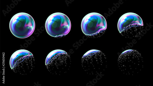 Vector set of realistic transparent colorful soap bubbles in stages of the explosion and deformation. Water spheres with air, soapy balloons, lather, suds, soapsuds. Glossy foam balls. 3d illustration