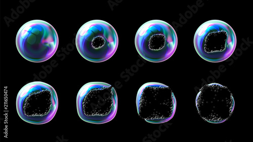 Vector set of realistic transparent colorful soap bubbles in stages of the explosion from centre. Water spheres with air, soapy balloons, lather, suds, soapsuds. Glossy foam balls. 3d illustration.