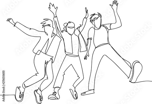 Сontinuous line drawing of jumping happy team members