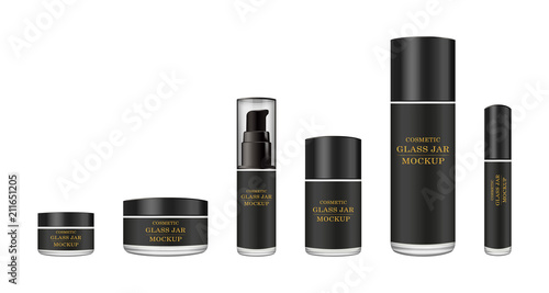 Realistic white glass jar with plastic lid for cosmetics - body cream, butter, scrub, foundation cream, gel, skin care, powder. Premium product. Package template. Vector mock up set.